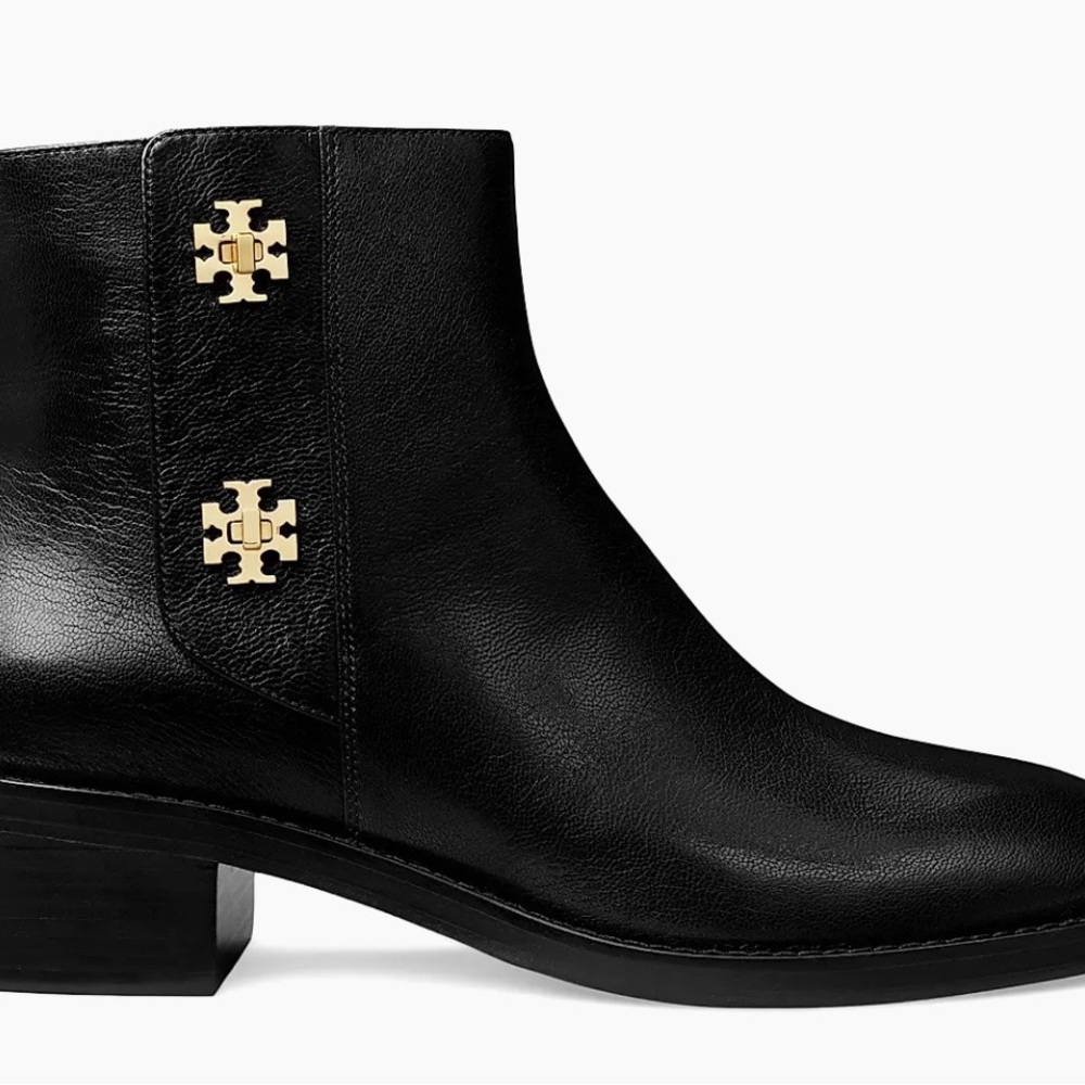 Tory Burch Black Leather Ankle Boot with Gold Emblem